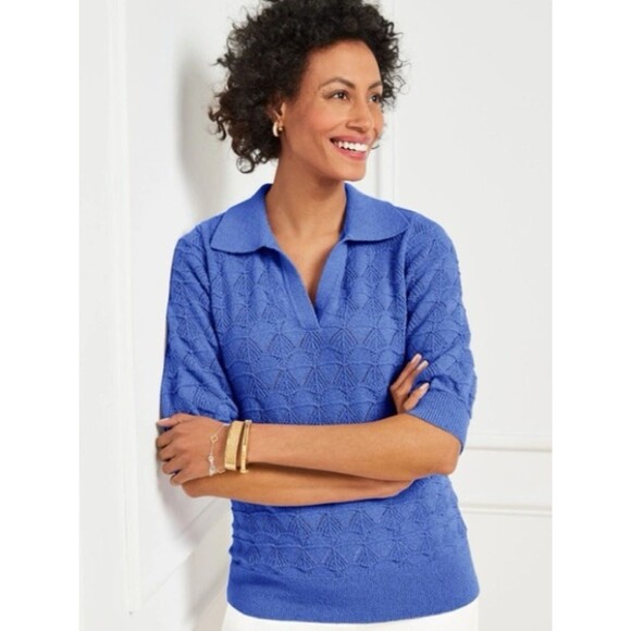 Talbots Tops - Talbots Petite Open Polo Knit Sweater Top Johnny Collar Biscayne Blue Size P